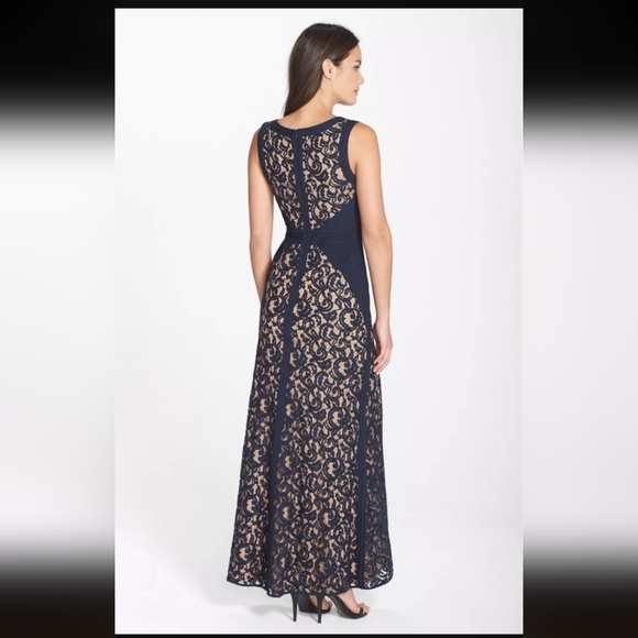 Tadashi Shoji  Navy Nude Lace & Jersey Structure Gown Dress  - Picture 2 of 7